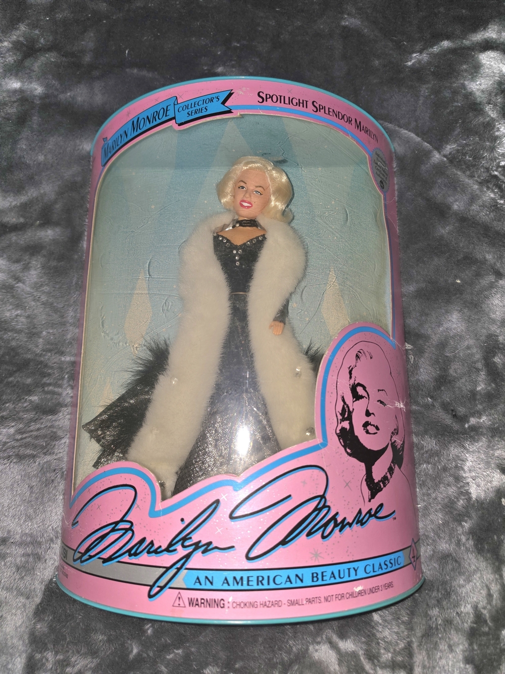 Marilyn Monroe Doll in Black Gown with White Fur and Pink Accents